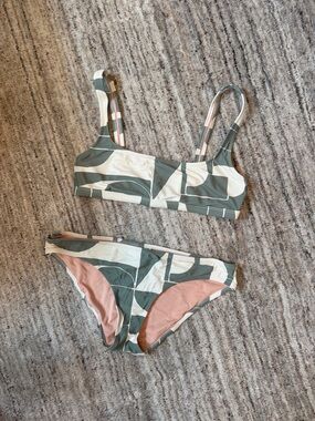Madewell Bikini Set Green Cream Geometric Print - Size Large
